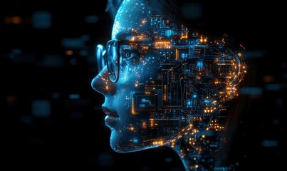 The head is made of digital and artificial intelligence elements, which glows with blue light on a black background