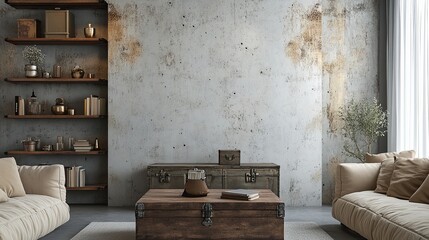 A stylish yet simple industrial living room featuring a concrete feature wall with subtle texture