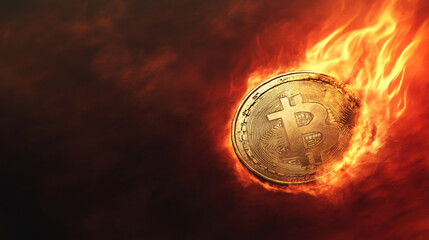 Burning Bitcoin Meme Coin in Fiery Digital Art Concept of Cryptocurrency Volatility and Market Fluctuations. Copy space