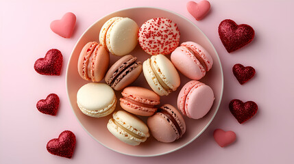  A plate of macarons in shades of red and pink with Valentine's Day accents, blank space around for text, promoting sweetness and creativity 