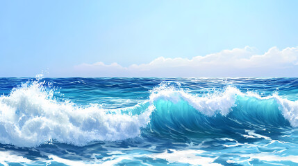 Obraz premium An illustration of blue ocean waves with white foam crests under a clear blue sky. Sapphire Sea. Illustration
