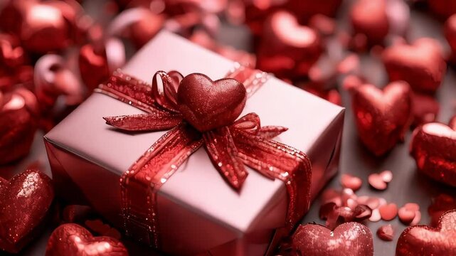 Glossy pink gift present nestled with red ribbon, heart accent resting on wooden surface amid scattered red hearts, confetti signaling romantic valentines celebration