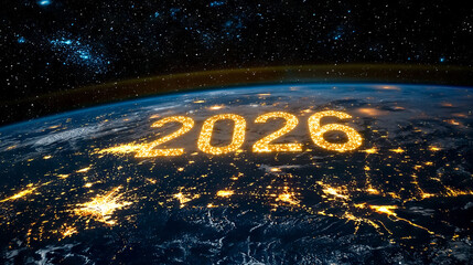 A Cosmic View of the Year 2026 Illuminated Against Starry Night Sky. Concept of Future, Space Exploration, New Year Celebration, Cosmic Wonders