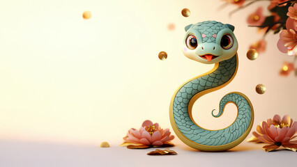 Obraz premium 3D illustration of cute cartoon snake for Chinese new year celebration. cloud, sea, flowers pattern.