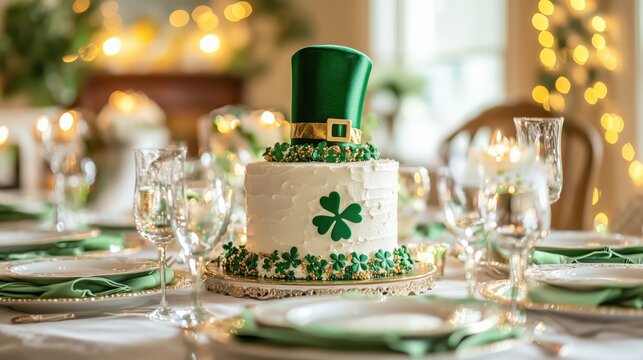 Festive St. Patrick's Day cake featuring shamrock decorations and leprechaun hat topper, resting on refined tabletop setting