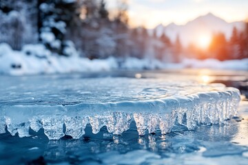 Frost-covered ice edges glimmer at the river's edge, reflecting warm sunset colors while snow-dusted trees stand in the background, creating a peaceful winter scene