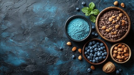Flat lay of vibrant spices and grains in bowls on a textured surface