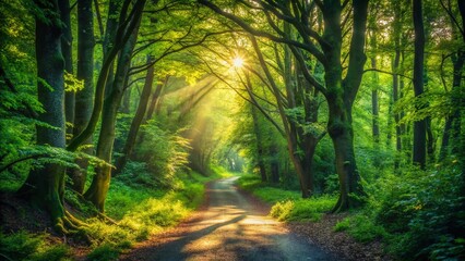 Fototapeta premium Mysterious Shady Forest Trail: Dark Woods Path Leading into Sunlight Stock Photo