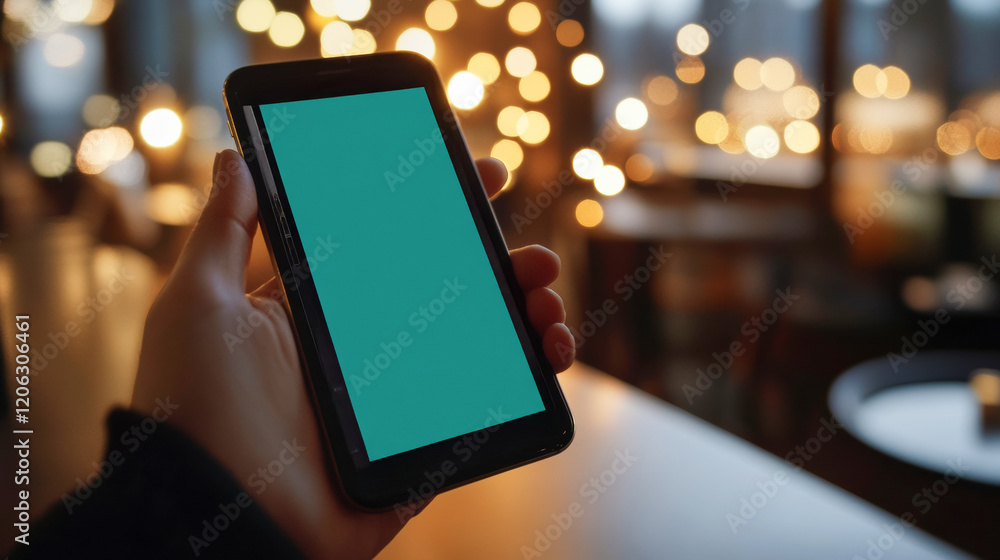 Poster hand holding smartphone with blank screen in bokeh background scene. concept of technology use, smar