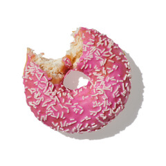 Bitten pink donut on white background