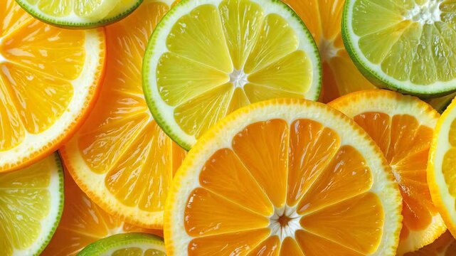 Background of orange lemon and lime slices. Citrus fruits cut into slices. Ripe and juicy oranges, lemons and limes