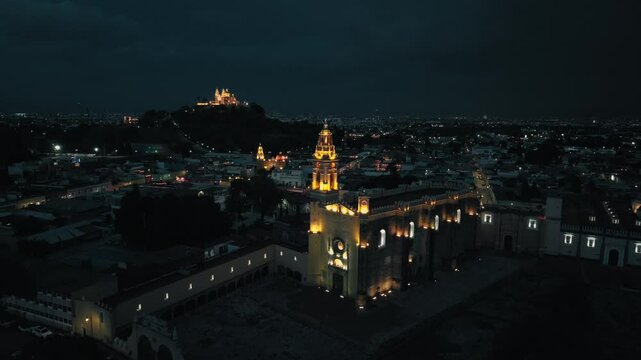 cholula city with churchs at night
