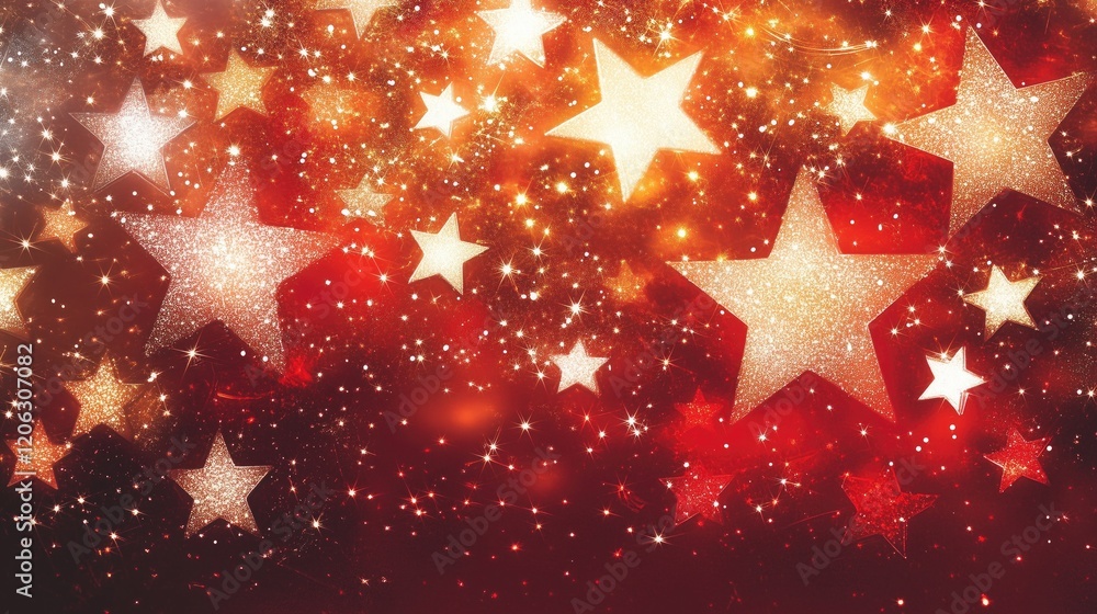 Poster a vibrant background featuring sparkling stars in various sizes against a red backdrop.