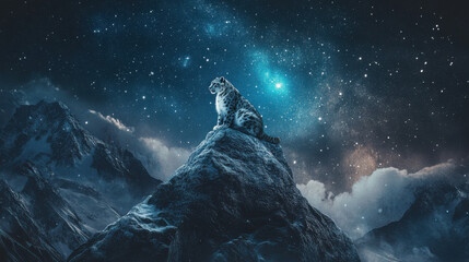 A serene snow leopard sitting atop an icy mountain peak under a starry night sky, northern lights shimmering in the distance, frosty mist surrounding its silhouette