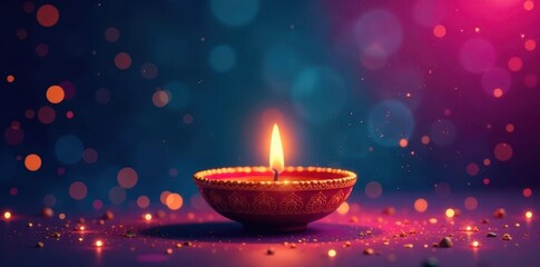 Vibrant Diwali mandala, golden lights, blue magenta background, oil lamp, ornate, template