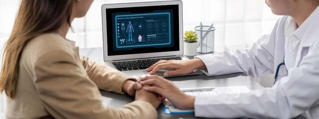 Medical science technology and futuristic healthcare virtual computer software analyze human health and diagnose disease for doctor data and medical research. brisk