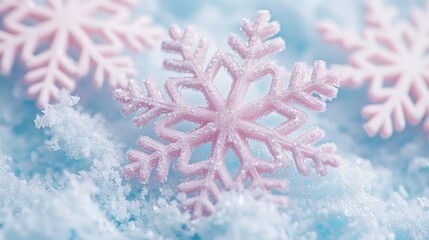 Pink Snowflakes on Blue, Winter Wonderland, Festive Frozen Snowdrift, Cold Season Macro