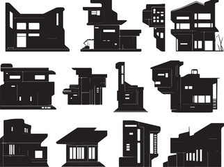 A set of houses silhouettes for flat design. Hand drawn vector illustration