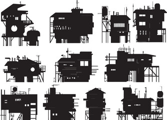 Obraz premium A set of houses silhouettes for flat design. Hand drawn vector illustration