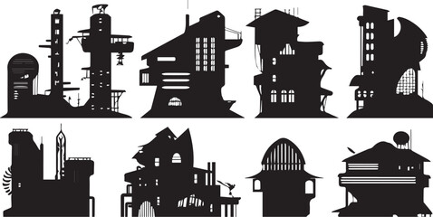 Obraz premium A set of houses silhouettes for flat design. Hand drawn vector illustration