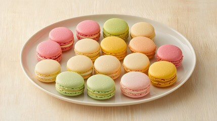 Obraz premium French macarons, famous treats from France, are very beautiful and delicious pastries served on a porcelain plate, presented in a very elegant and creative way.
