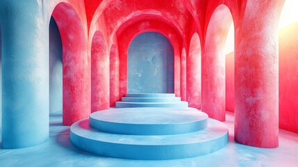 Elegant arched hallway with bold red and blue tones