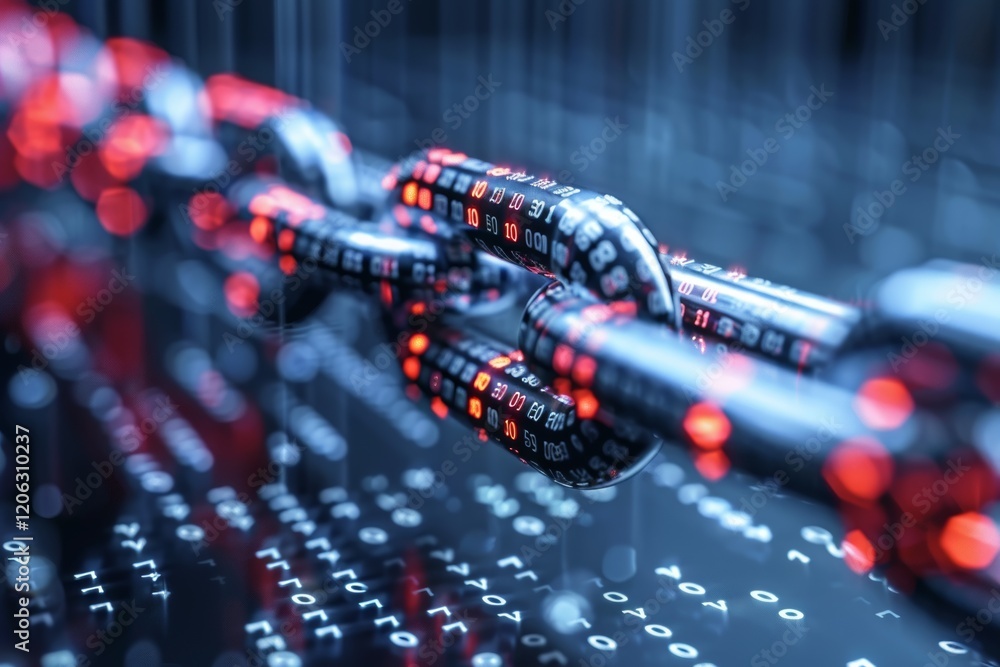 Poster The image effectively communicates the idea of blockchain and digital networks through its use of interconnected links and a futuristic design.