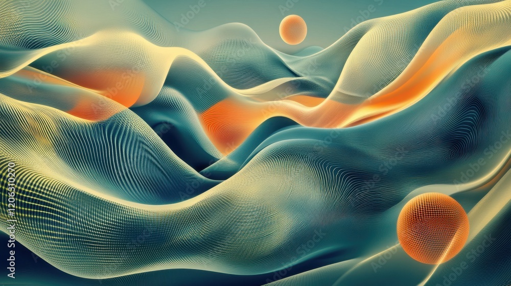 Poster abstract digital waveform landscape with orange spheres: a serene visualization of data flow and har