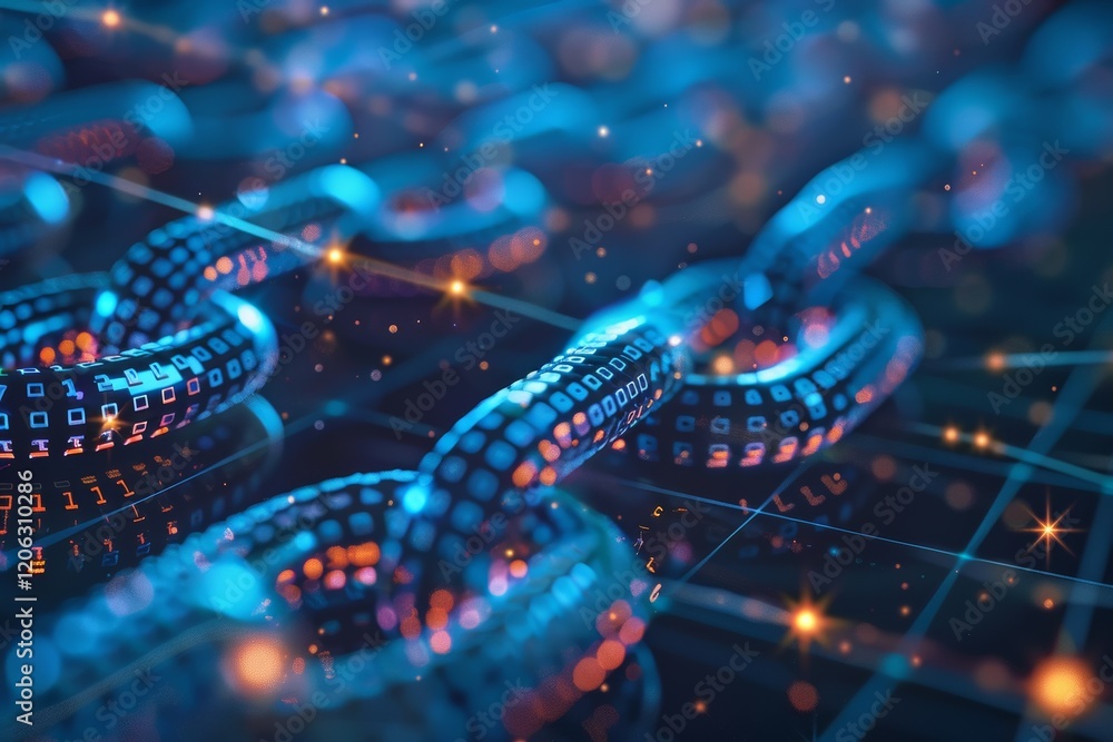 Poster The image effectively communicates the idea of blockchain and digital networks through its use of interconnected links and a futuristic design.