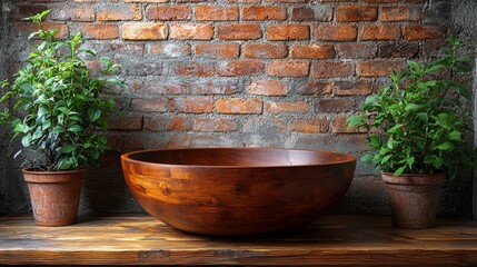 Rustic wooden bowl with potted plants against brick wall