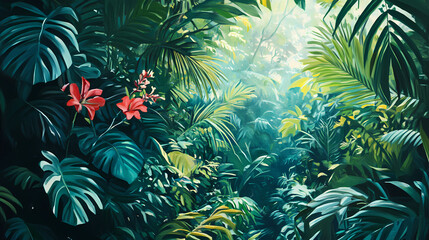 Painting of a emerald rich teal represent vitality abundance of lush tropical jungle. Emerald Jungle. Illustration