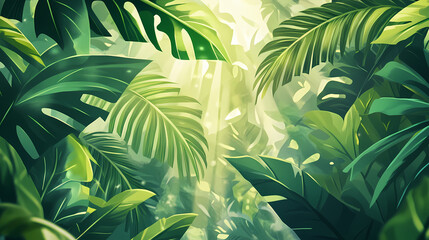 Rainforest. close up of tropical palm leaves with warm sunlight at jungle forest. green foliage botanical natural background. exotic wallpaper. generative ai. Emerald Jungle. Illustration