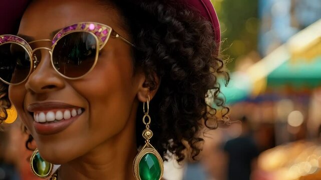 A person wearing a hat, sunglasses, and jewelry smiles amidst a lively, blurred street scene.
Mardi Gras celebration