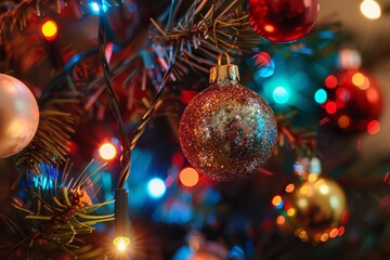 A warmly lit Christmas tree decorated with colorful baubles and tinsel