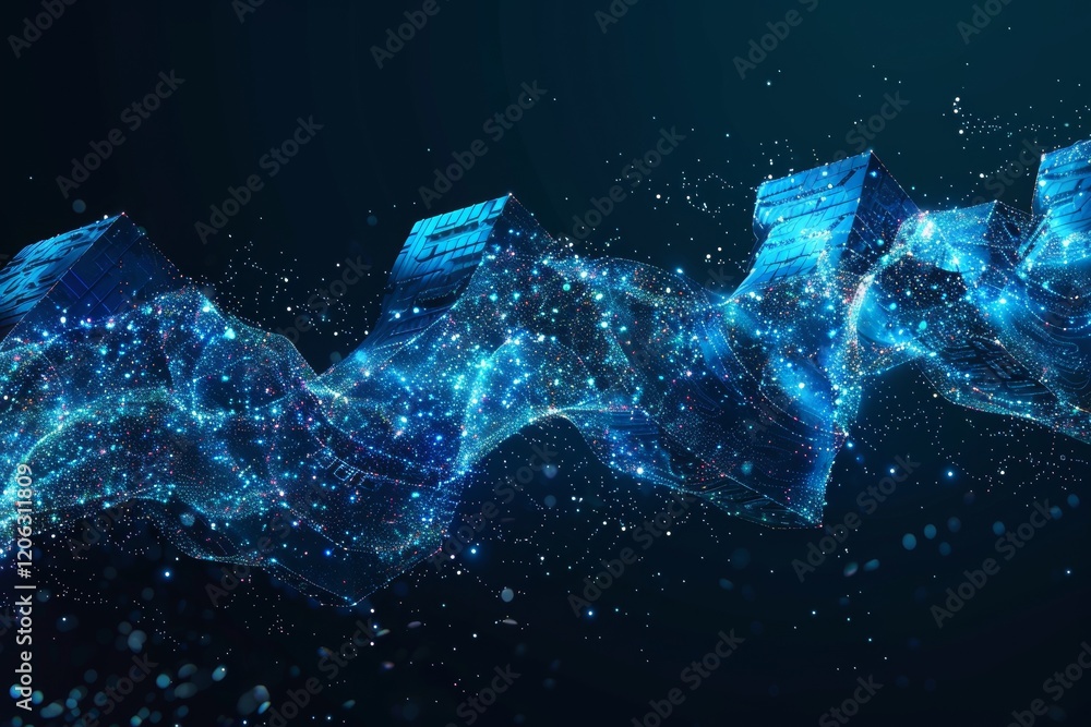 Poster a wave made of flowing blocks representing fluid blockchain transactions