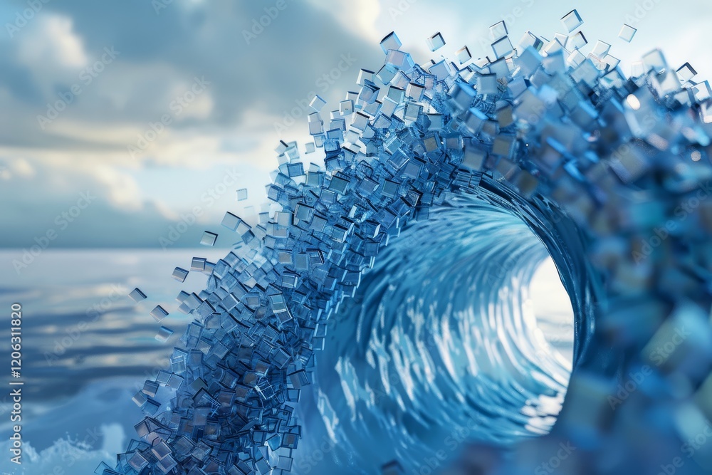 Poster a wave made of flowing blocks representing fluid blockchain transactions