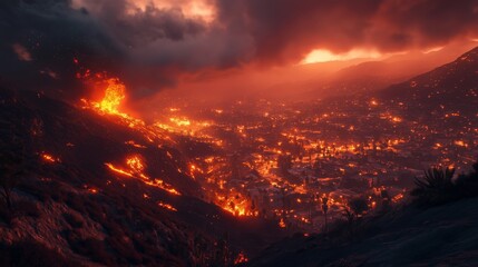 Fototapeta premium Landscape depicting a fiery blaze consuming a valley under ominous storm clouds in LA