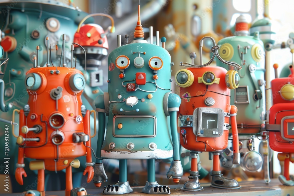 Poster colorful futuristic robots and gadgets in a dimly lit workshop, a whimsical version of internet of t