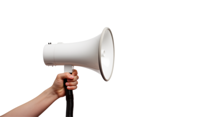 Hand Holding White Megaphone Loudspeaker Announcement Public Address System
