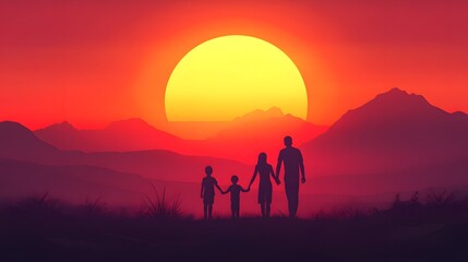 Silhouette of a family holding hands at sunset
