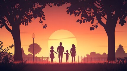 Silhouette of a family holding hands at sunset

