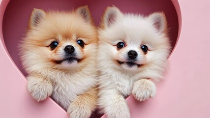 Cute pomeranian puppies playing in a heart-shaped frame during a playful moment indoors - Powered by Adobe