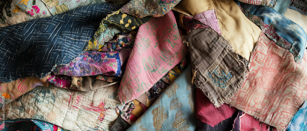 Poster varied textures and patterns of fabric scraps create a colorful patchwork