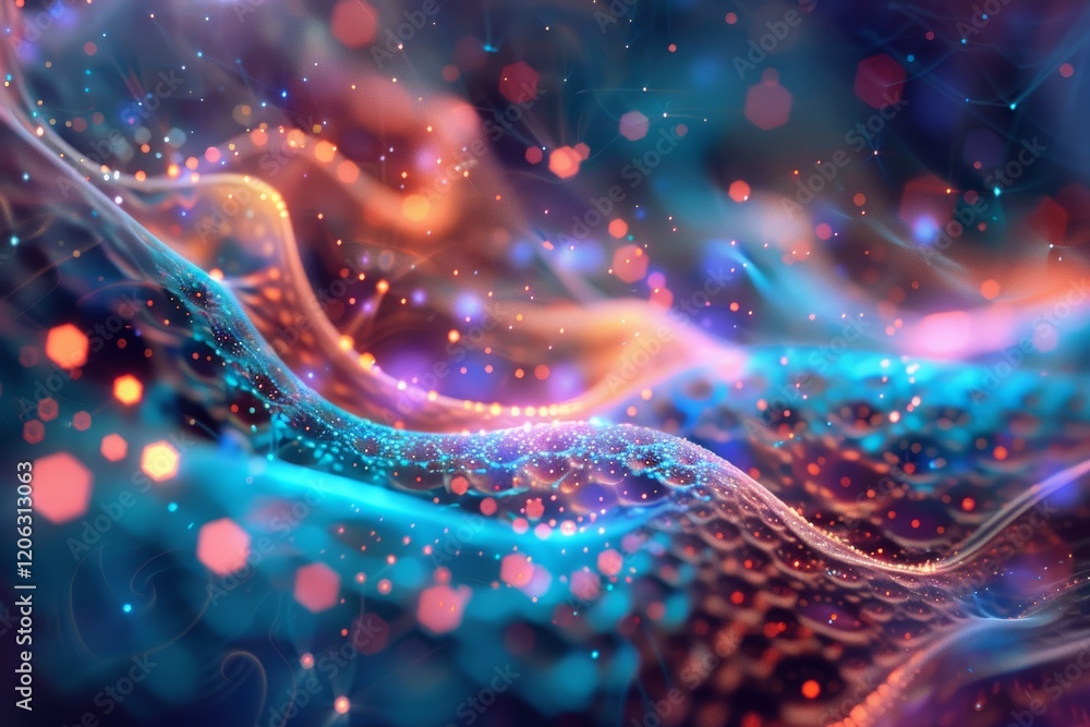 Poster an abstract interpretation of nanoscience, abstract microscopic organic surface covered with glowing