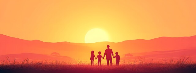 Fototapeta premium Silhouette of a family holding hands at sunset 