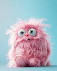 Cute pink fluffy creature with big eyes and a friendly smile on a light blue background