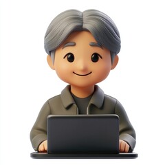 Middle-aged Asian man memoji working on laptop with a soft smile in a casual jacket on a white background