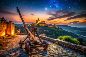 Fototapeta premium Night Photography: Ancient Catapult at Tsarevets Fortress, Veliko Tarnovo, Bulgaria