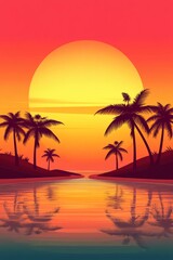 Fototapeta premium Sunset on a tropical island. Silhouettes of palm trees against a bright orange sunset sky