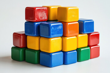 bright plastic cubes of various colors: red, blue, yellow and green. The cubes are neatly stacked in a pyramid, creating a structure.   